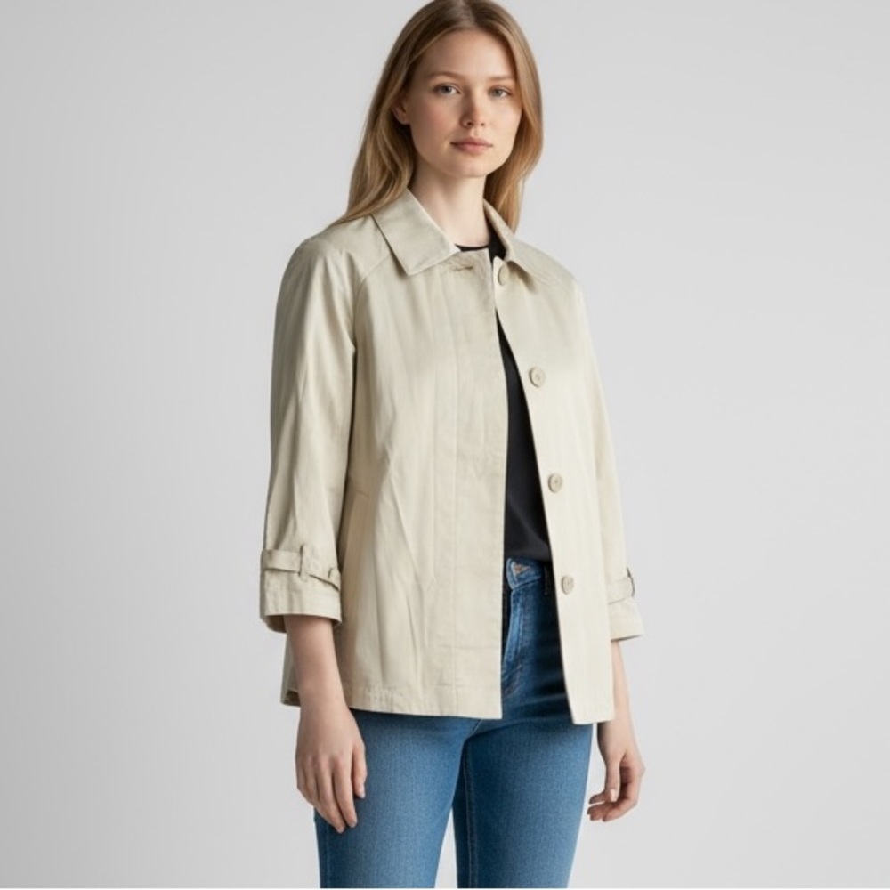 🌻Norma Kamali Tan Cream Collared Hidden Button Lightweight Jacket Size 10